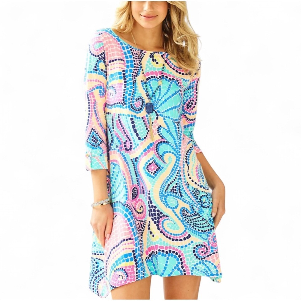 Lilly Pulitzer Edna Swing Dress 3/4 Sleeve Colorful Vacation Sea Pima Cotton XS